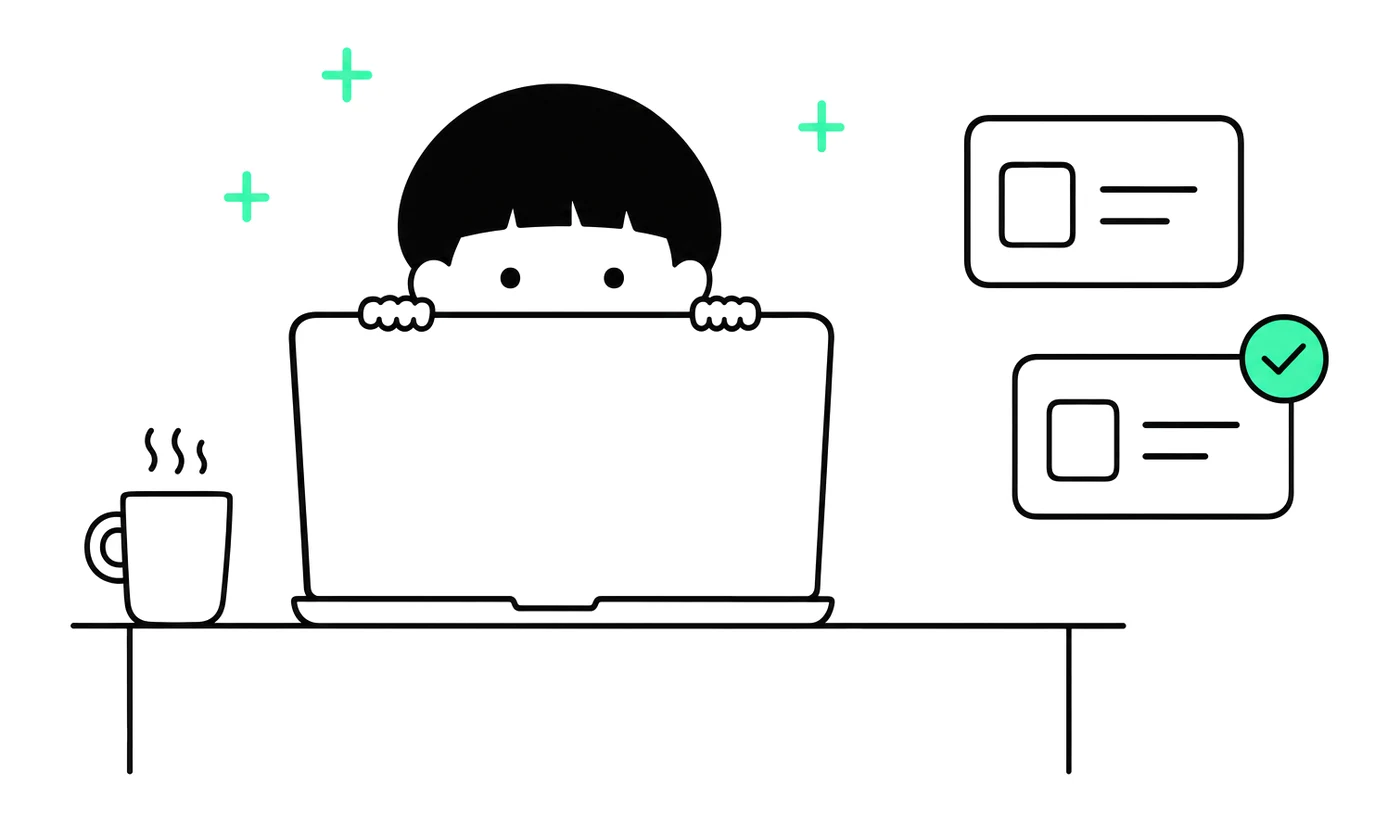 ラップトップで手を動かす人と、完成して積み上がっていく成果物カードのイラスト